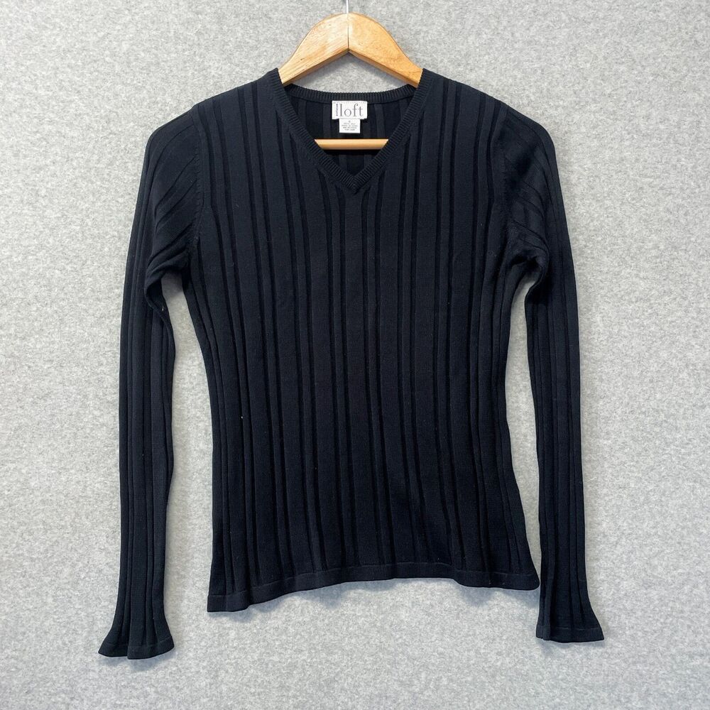 Ann Taylor LOFT 100% Silk V-Neck Sweater, Size S. Black Lightweight Tight Knit